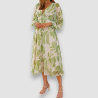Lilly | Bedrucktes langärmeliges Midikleid mit V-Ausschnitt – Grün