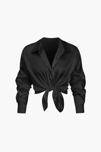 Damen Geknöpft Lang Bluse – Schwarz