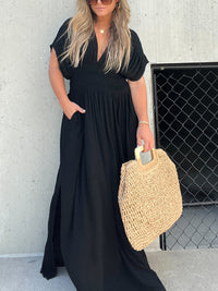 Slit V-Neck Effortless Maxi Long Dress – Schwarz