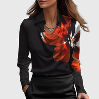 Emma | Damen Langarm Top Wasserfallkragen Fließend Elegant Feminin – Schwarz Rot