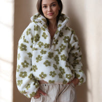 Bunter Oversize Teddy Pullover für Damen mit kurzem Reißverschluss und Stehkragen – Grün