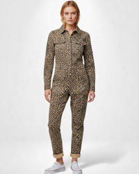 Langarm Jumpsuit für Damen mit Druck und Hemdkragen – Leo-Muster