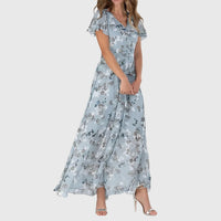 Kathrin | Damen Blumen Maxikleid V-Ausschnitt Romantic Fließend Sommer – Blau
