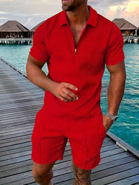 Zweiteiler für Herren - Stilvolles Set mit Poloshirt und Shorts für den Sommer – Rot