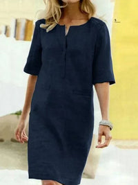 Heidi-Mode | Damen Kurzarm Baumwolle und Leinen Kleid – Marine