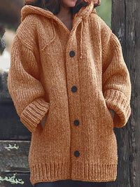 Lange Damen-Strickjacke mit Kapuze | Warme – Orange