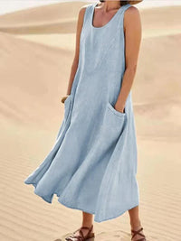 Heidi-Mode | Luftiges Leinen Sommerkleid mit Taschen – Himmlisches Blau