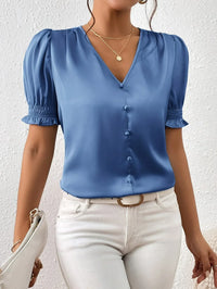 Abella™| Elegante Bluse Mit V-Ausschnitt Und Puffärmeln – Hellblau