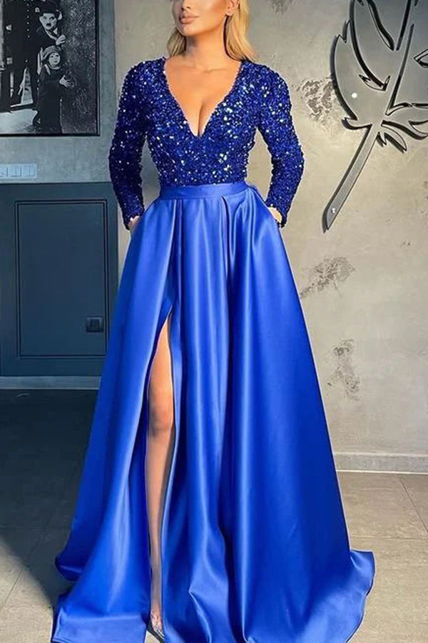 Heidi-Mode | Schöne Langarm V-Ausschnitt Pailletten Satin Festkleid