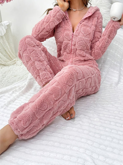 Leylina | Herz Jacquard Flauschiger Kapuzen-Nacht-Jumpsuit