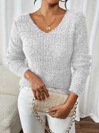 Aderah - Lockere Passform V-Ausschnitt Pullover – Hellgrau