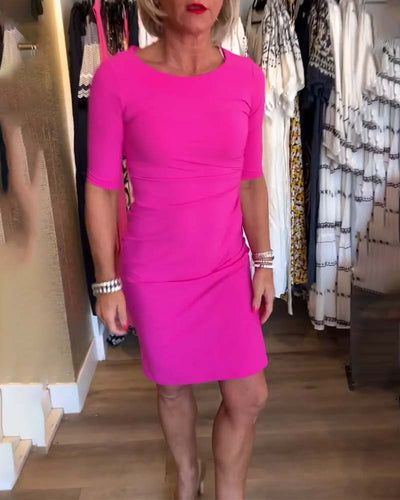 Heidi-Mode | Einfarbiges, Plissiertes Kleid mit Rundhalsausschnitt