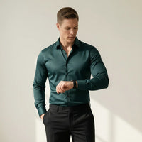 Bügelfreies Slim-Fit langarm Hemd für Herren mit Kragen in einfarbigem Design – Grün