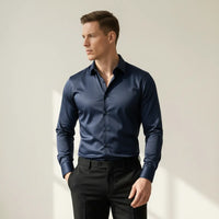 Bügelfreies Slim-Fit langarm Hemd für Herren mit Kragen in einfarbigem Design – Marine