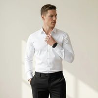 Bügelfreies Slim-Fit langarm Hemd für Herren mit Kragen in einfarbigem Design – Weiß
