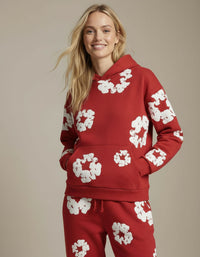 Jogginganzug für Damen mit Kapuzenpullover und Allover-Blumenprint – Rot