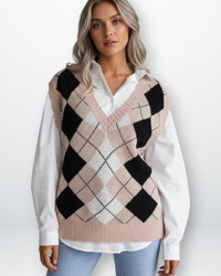 Karierter Pullunder für Damen mit V-Ausschnitt – Beige