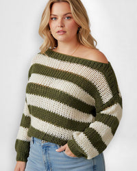 Gestreifter Pullover für Damen mit überschnittenen Schultern und Langarm-Design – Grün
