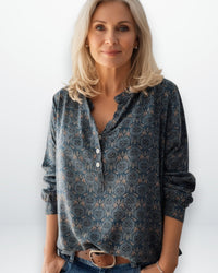 Bluse für Damen im Vintage-Stil mit Halbknopfleiste – Blau