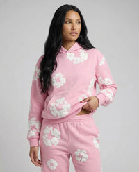 Jogginganzug für Damen mit Kapuzenpullover und Allover-Blumenprint – Rosa