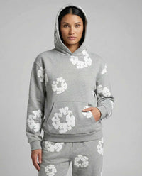Jogginganzug für Damen mit Kapuzenpullover und Allover-Blumenprint – Grau