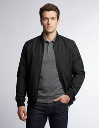 Leichte Bomberjacke für Herren mit Rippbündchen und kragenlosem Design – Schwarz