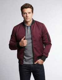 Leichte Bomberjacke für Herren mit Rippbündchen und kragenlosem Design – Maroon