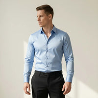 Bügelfreies Slim-Fit langarm Hemd für Herren mit Kragen in einfarbigem Design – Blau