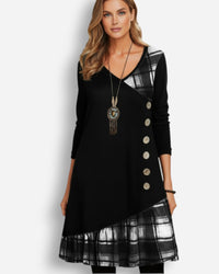 Langärmliges Karo-Damenkleid mit A-Linien-Schnitt – Schwarz