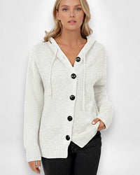 Strickjacke für Damen mit Kapuze und großen schwarzen Knöpfen – Weiß