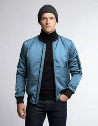Leichte Bomberjacke für Herren mit Rippbündchen und kragenlosem Design – Hellblau