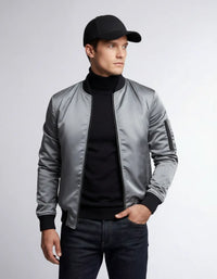 Leichte Bomberjacke für Herren mit Rippbündchen und kragenlosem Design – Silber
