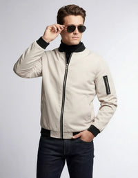Leichte Bomberjacke für Herren mit Rippbündchen und kragenlosem Design – Beige