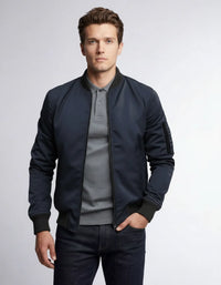Leichte Bomberjacke für Herren mit Rippbündchen und kragenlosem Design – Marine