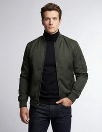 Leichte Bomberjacke für Herren mit Rippbündchen und kragenlosem Design – Armegrün