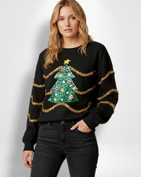 Weihnachtspullover für Damen mit Glitzer-Tannenbaum – Schwarz
