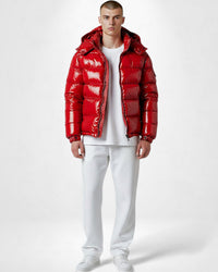 Herren Pufferjacke mit Kapuze und glänzender Oberfläche – Rot