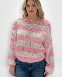 Gestreifter Pullover für Damen mit überschnittenen Schultern und Langarm-Design – Rosa