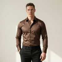Bügelfreies Slim-Fit langarm Hemd für Herren mit Kragen in einfarbigem Design – Kaffee