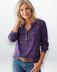 Bluse für Damen im Vintage-Stil mit Halbknopfleiste – Lila