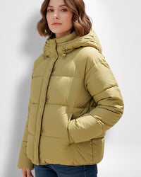 Kurze Steppjacke für Damen mit Kapuze und geradem Schnitt – Gelb