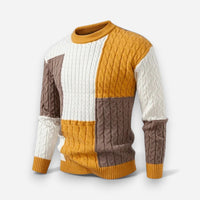 Bunter Herren Strickpullover mit Zopfmuster und Rundhalsausschnitt – Gelb