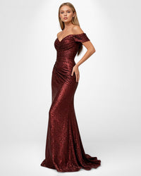 Schulterfreies bodenlanges Pailletten Abendkleid – Weinrot
