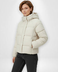 Kurze Steppjacke für Damen mit Kapuze und geradem Schnitt – Beige