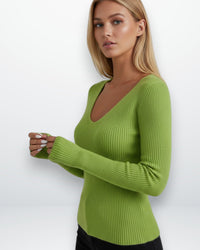 Slim Fit Strickpullover für Damen mit tiefem Rundhalsausschnitt – Grün
