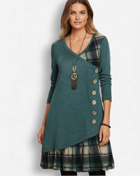 Langärmliges Karo-Damenkleid mit A-Linien-Schnitt – Grün