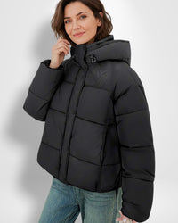 Kurze Steppjacke für Damen mit Kapuze und geradem Schnitt – Schwarz