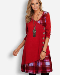 Langärmliges Karo-Damenkleid mit A-Linien-Schnitt – Rot