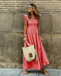 Fiona | Damen Smocked Gingham Maxikleid – Rot