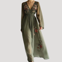 Fiona | Damen V-Ausschnitt Blumen Maxikleid mit Empire-Taille – Grün